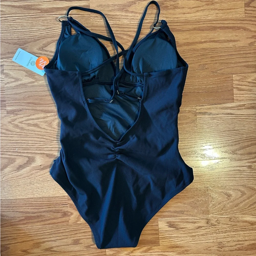 NWT Charmo Black Ribbed Ruched One-Piece Swimsuit Size L - Picture 6 of 12